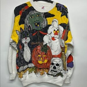 Jerzees Classic White XL Sweatshirt handmade 1990s Halloween, puff paint glitter